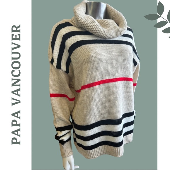 Papa Vancouver Cowl Neck Stripe Multi Color Sweater Tan Black Red White Medium - Picture 3 of 7